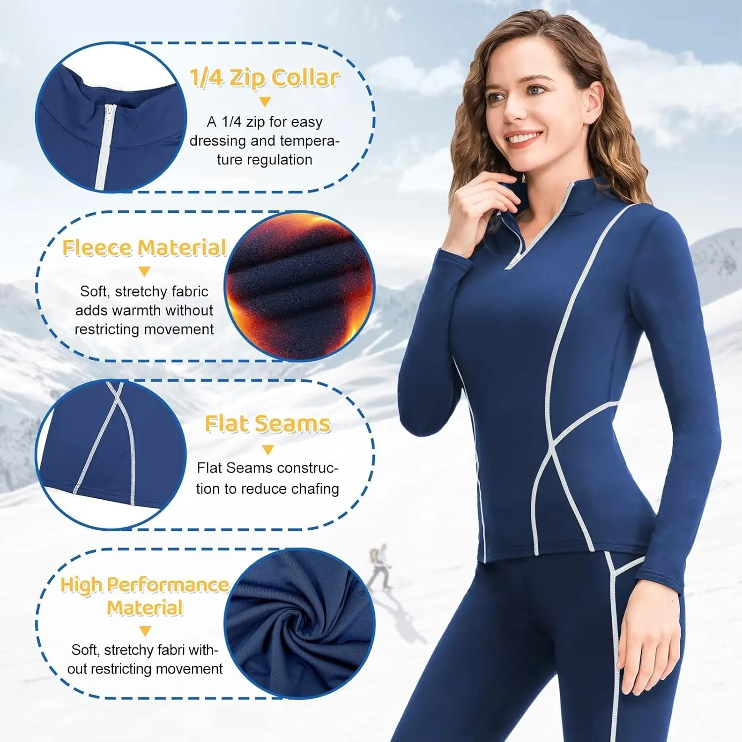 1/4 Ski Base Layer Women Cold Weather Winter Fleece Thermal Underwear Top Workout Running T Shirt Sweat Wicking