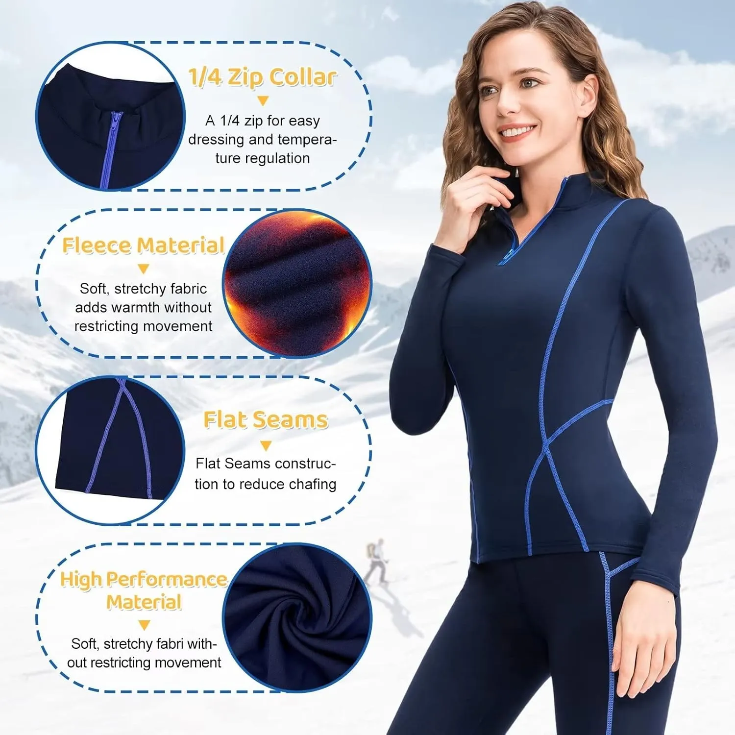 1/4 Ski Base Layer Women Cold Weather Winter Fleece Thermal Underwear Top Workout Running T Shirt Sweat Wicking