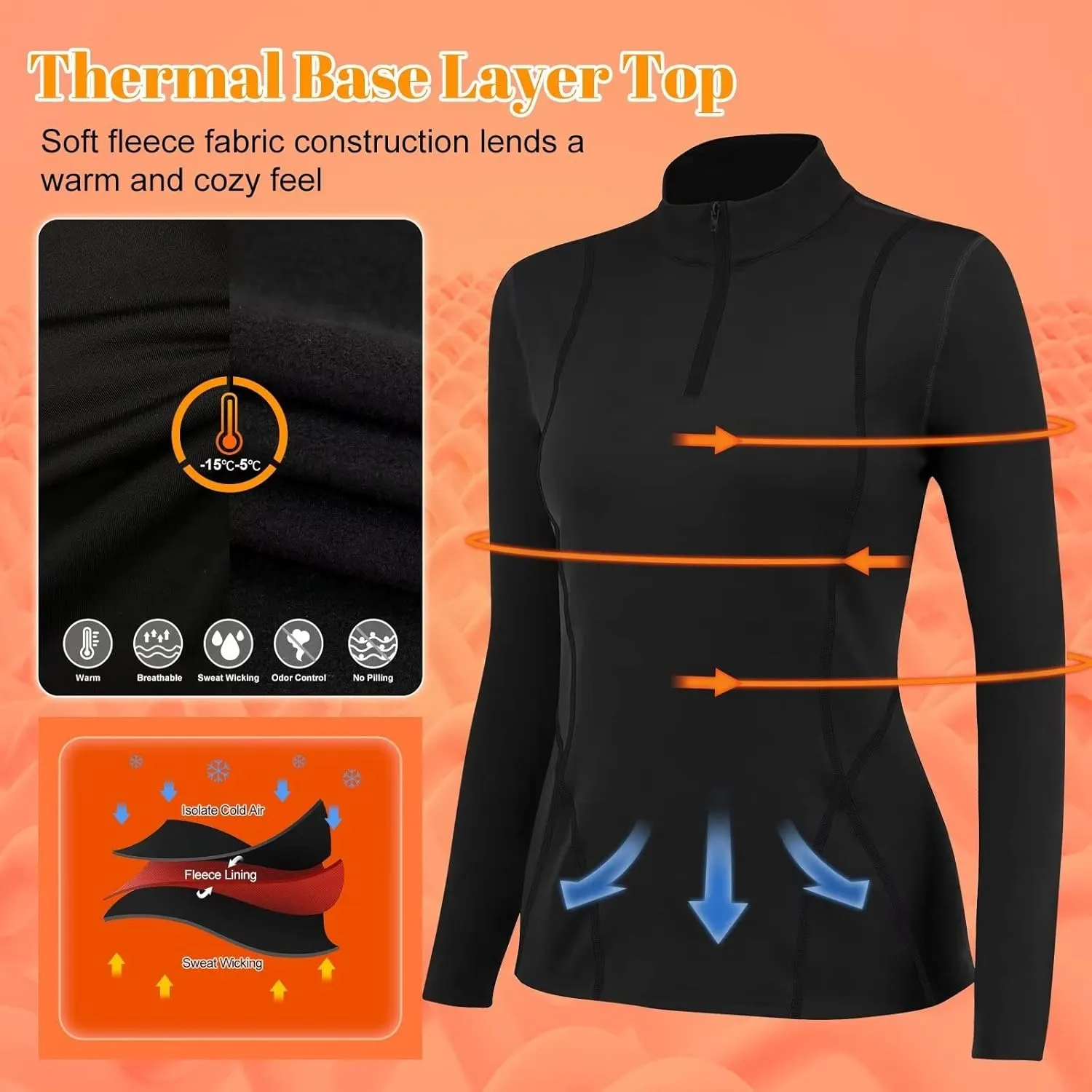 1/4 Ski Base Layer Women Cold Weather Winter Fleece Thermal Underwear Top Workout Running T Shirt Sweat Wicking