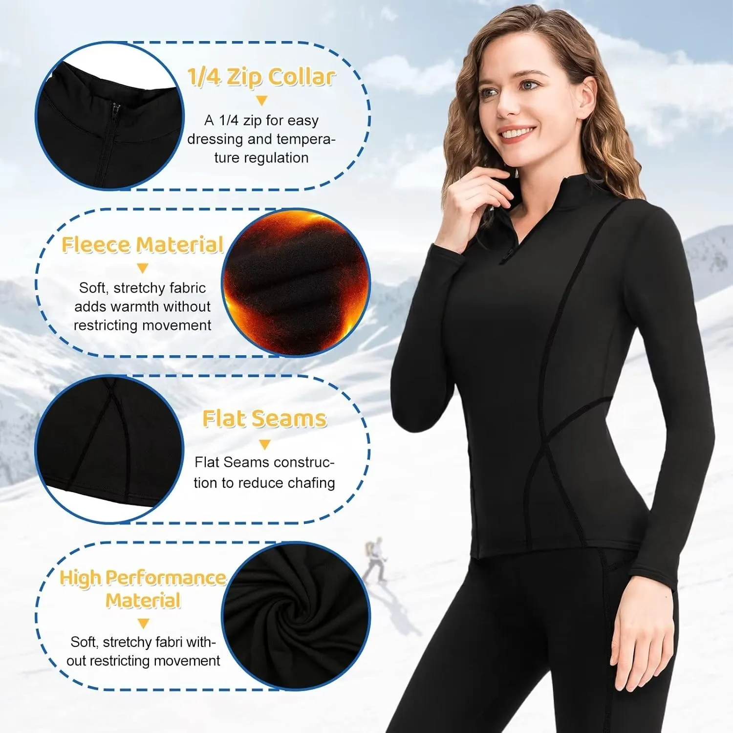 1/4 Ski Base Layer Women Cold Weather Winter Fleece Thermal Underwear Top Workout Running T Shirt Sweat Wicking