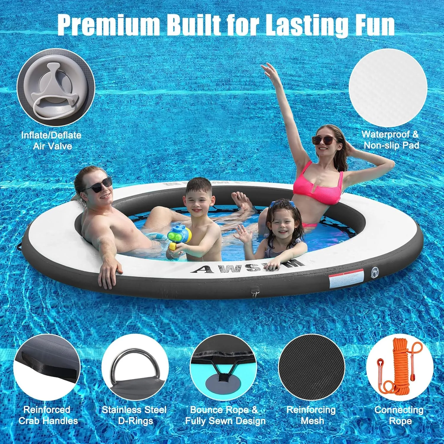AWSUM Inflatable Water Hammock Round Floating Ring Circle Dock Lake Floats River Raft for Adults Island Swimming Pool Platform for Party