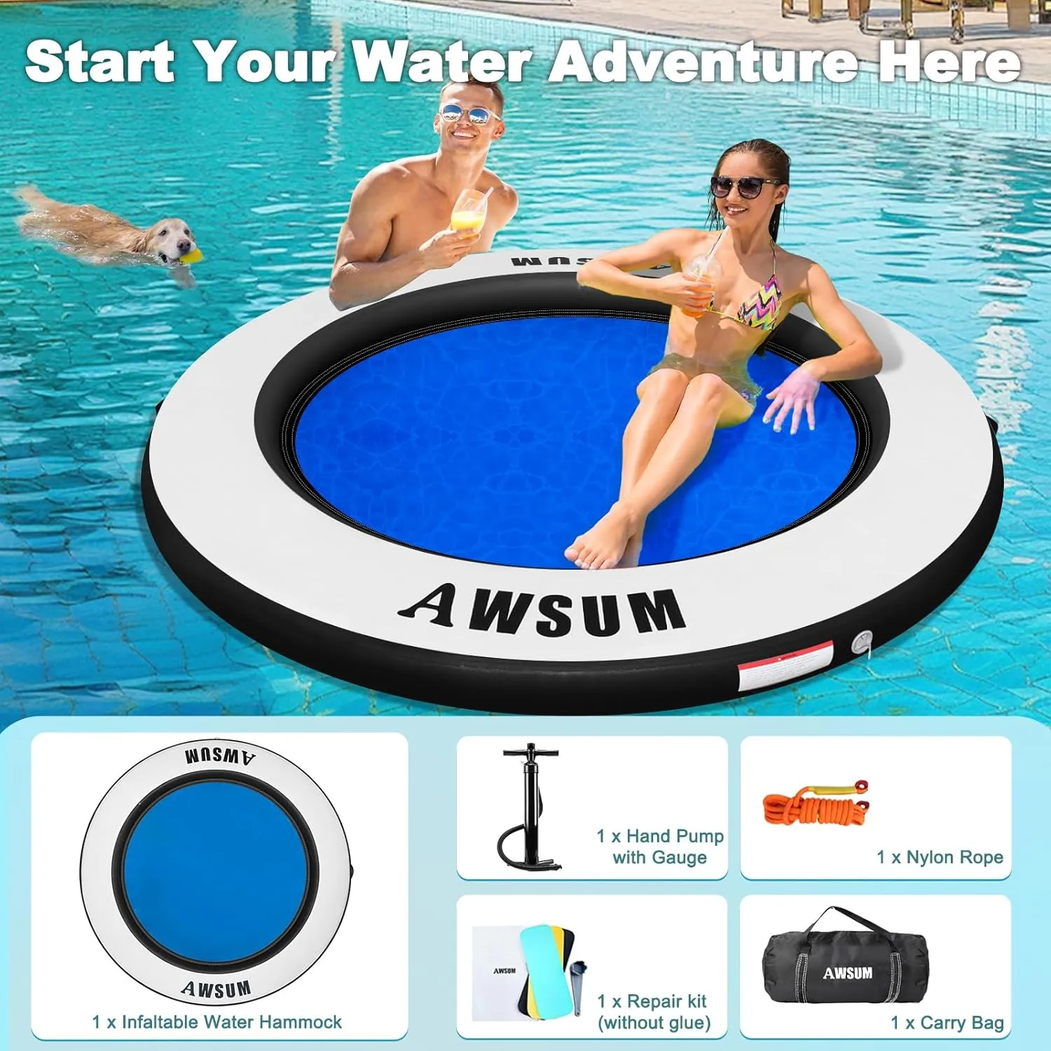 AWSUM Inflatable Water Hammock Round Floating Ring Circle Dock Lake Floats River Raft for Adults Island Swimming Pool Platform for Party