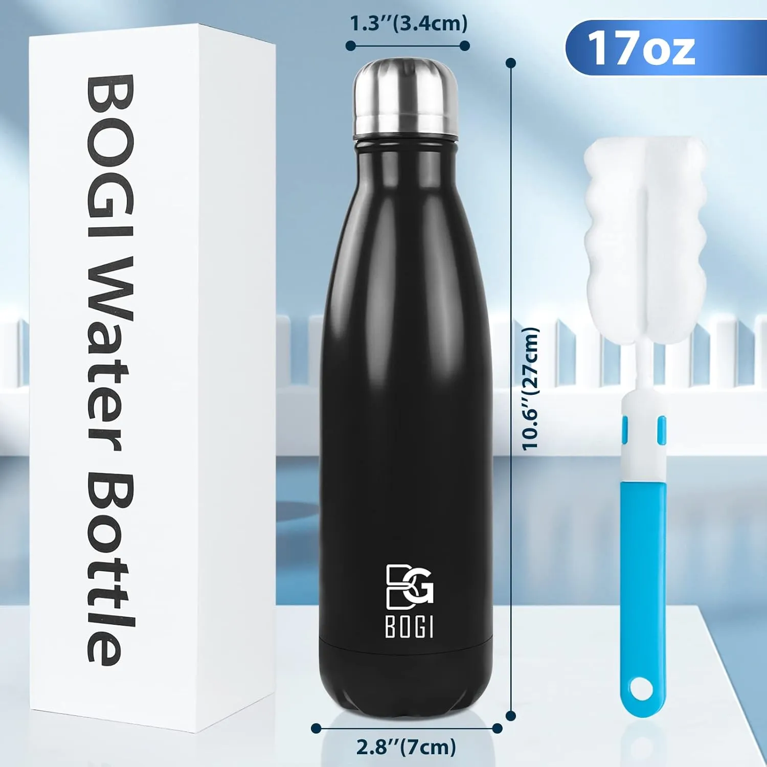 BOGI Insulated Water Bottle, 17oz 2 Pack Stainless Steel Water Bottles, Leak Proof Sports Metal Water Bottles Keep Drink Cold for 24 Hours and Hot for 12 Hours BPA Free kids water bottle for School