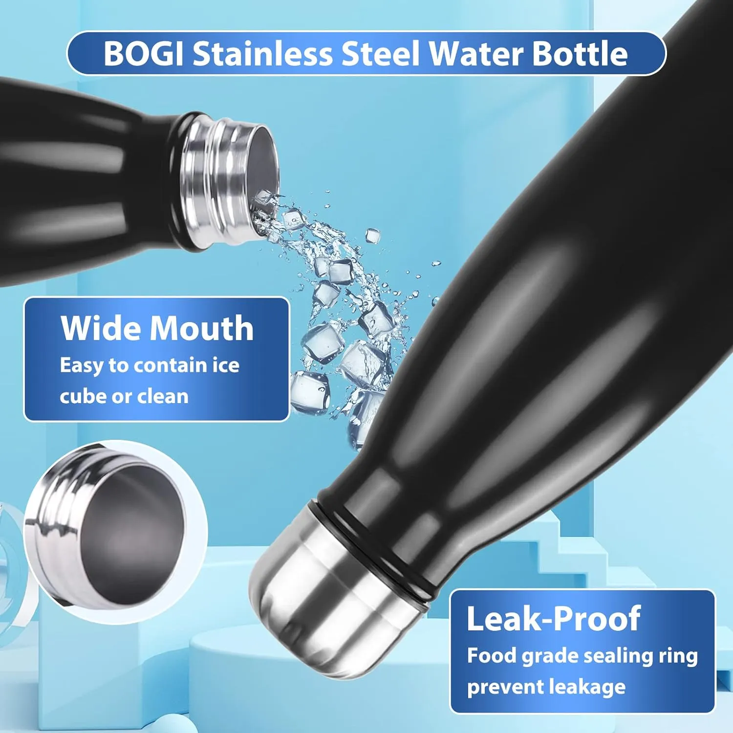 BOGI Insulated Water Bottle, 17oz 2 Pack Stainless Steel Water Bottles, Leak Proof Sports Metal Water Bottles Keep Drink Cold for 24 Hours and Hot for 12 Hours BPA Free kids water bottle for School