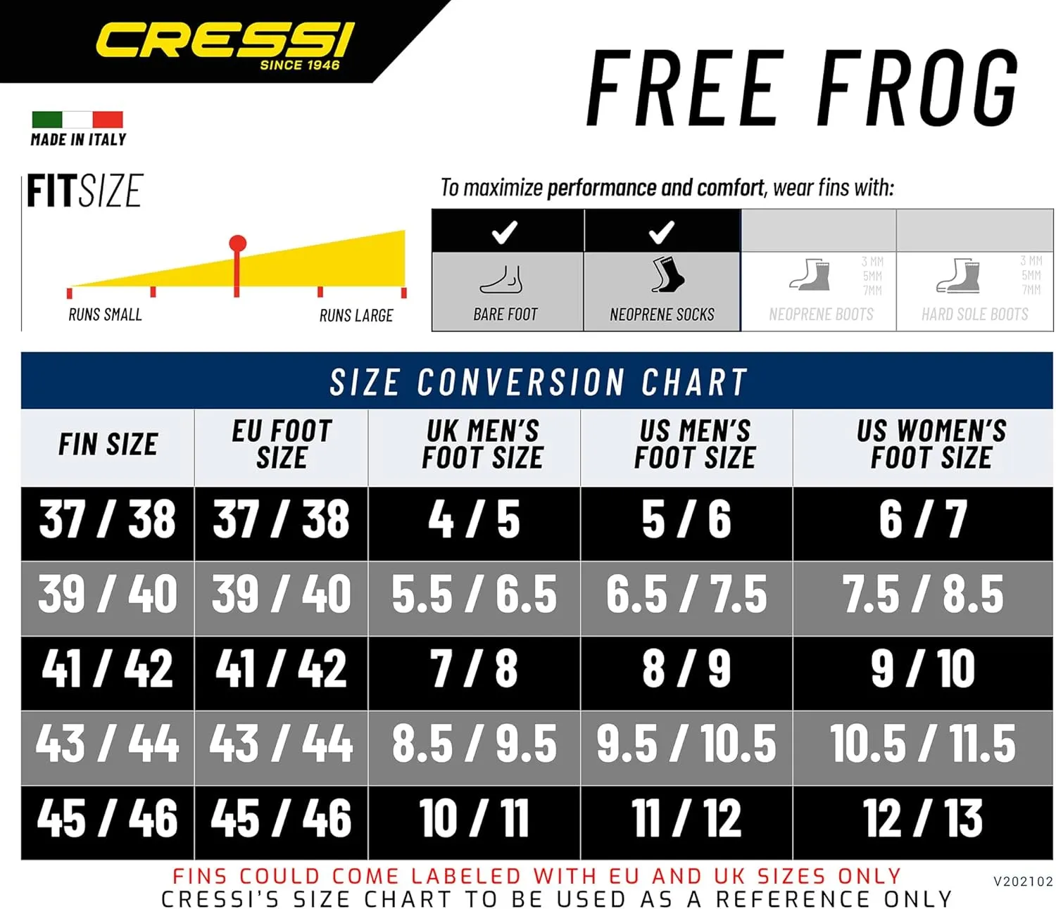 Cressi High Duty Full Foot Pocket Scuba Diving Fins | Hi-Surface: Below Blade Foot Pocket | Free Frog: Made in Italy