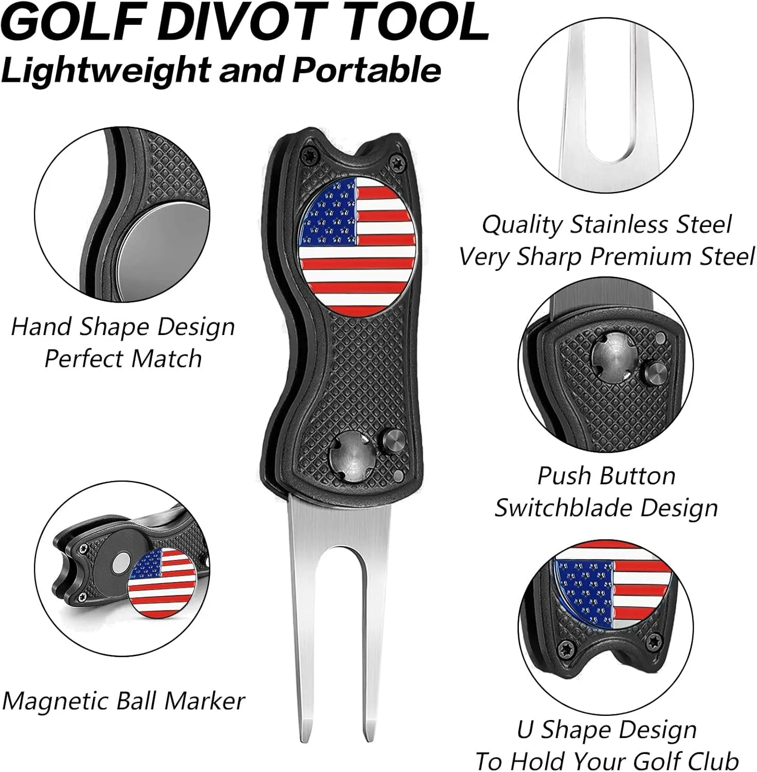 FINGER TEN Golf Divot Repair Tool and Ball Marker Switchblade Value Pack, Foldable Magnetic Stainless Steel with Pop-up Button for Men Women