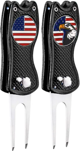 FINGER TEN Golf Divot Repair Tool and Ball Marker Switchblade Value Pack, Foldable Magnetic Stainless Steel with Pop-up Button for Men Women