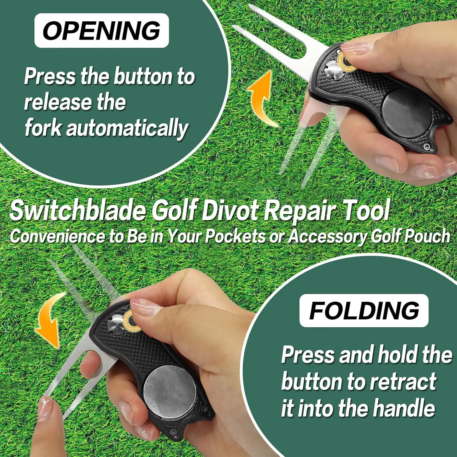 FINGER TEN Golf Divot Repair Tool and Ball Marker Switchblade Value Pack, Foldable Magnetic Stainless Steel with Pop-up Button for Men Women