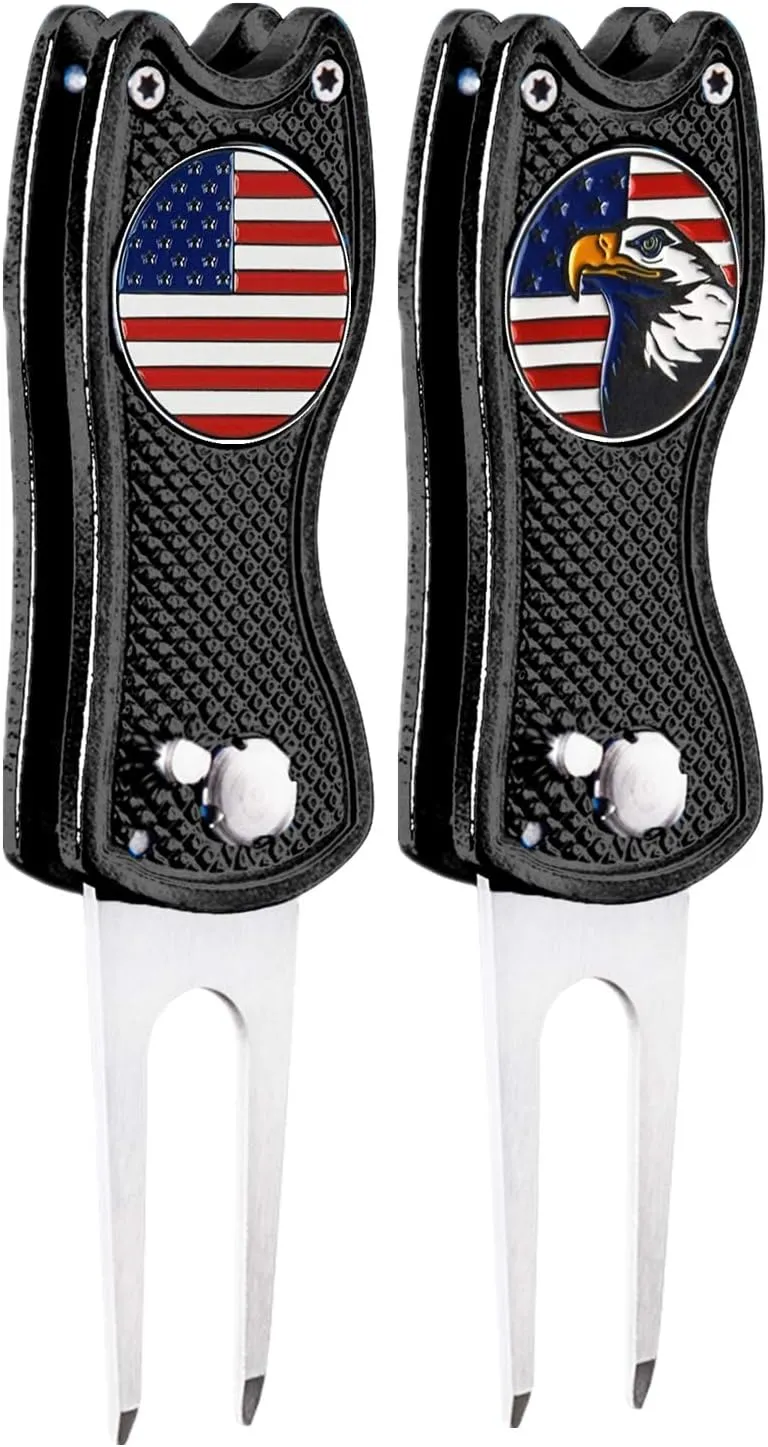 FINGER TEN Golf Divot Repair Tool and Ball Marker Switchblade Value Pack, Foldable Magnetic Stainless Steel with Pop-up Button for Men Women
