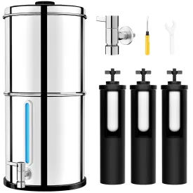 Gravity Water Filter System with 3 Stage 0.001m Ultra-Filtration, 2.25G Stainless Steel Countertop Water Filtration System, Includes 3 Filters & Metal Spigot, Reduce 99.99% Chlorine - 2025 Upgraded