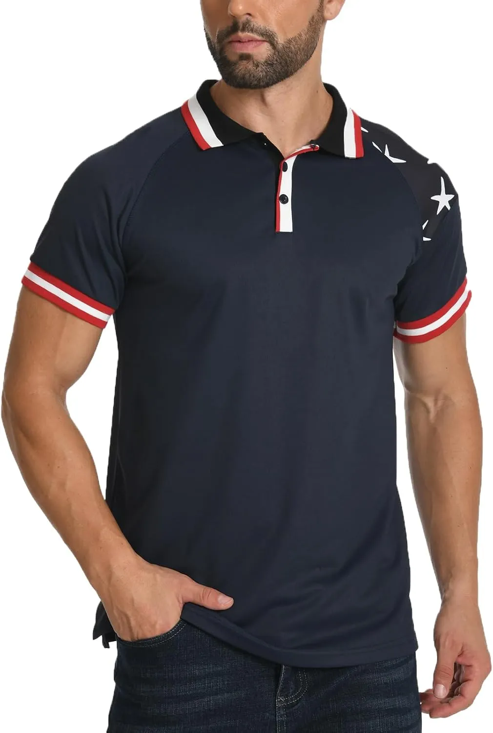 H HYFOL Short Sleeve Polo Shirts for Men Star Patchwork Graphic Stretch Casual American Patriotic Raglan Golf Polos for Men