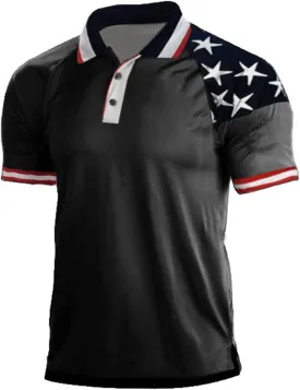 H HYFOL Short Sleeve Polo Shirts for Men Star Patchwork Graphic Stretch Casual American Patriotic Raglan Golf Polos for Men