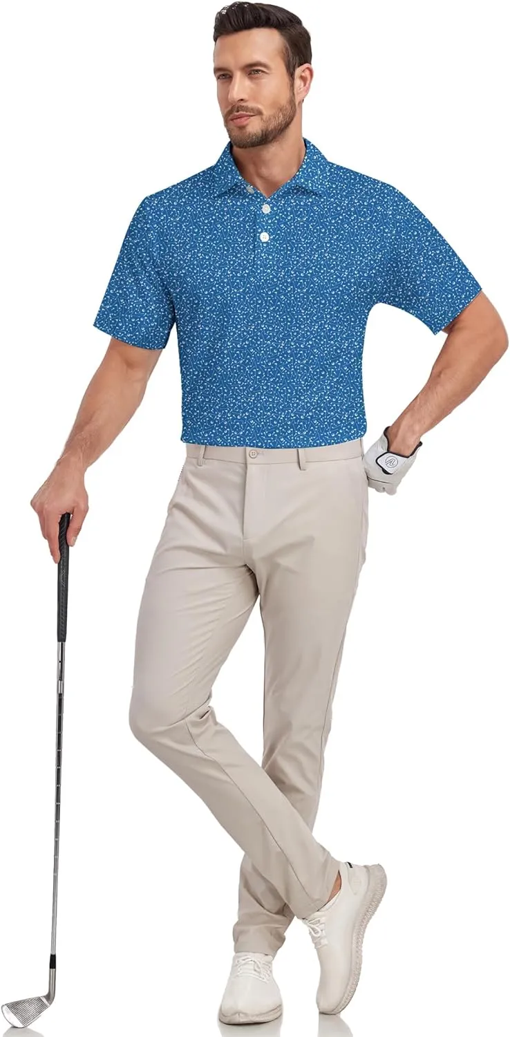 Mens Golf Shirt Relaxed Fit Printed Short Sleeve Performance Moisture Wicking Polo Shirt (S - 4XL)