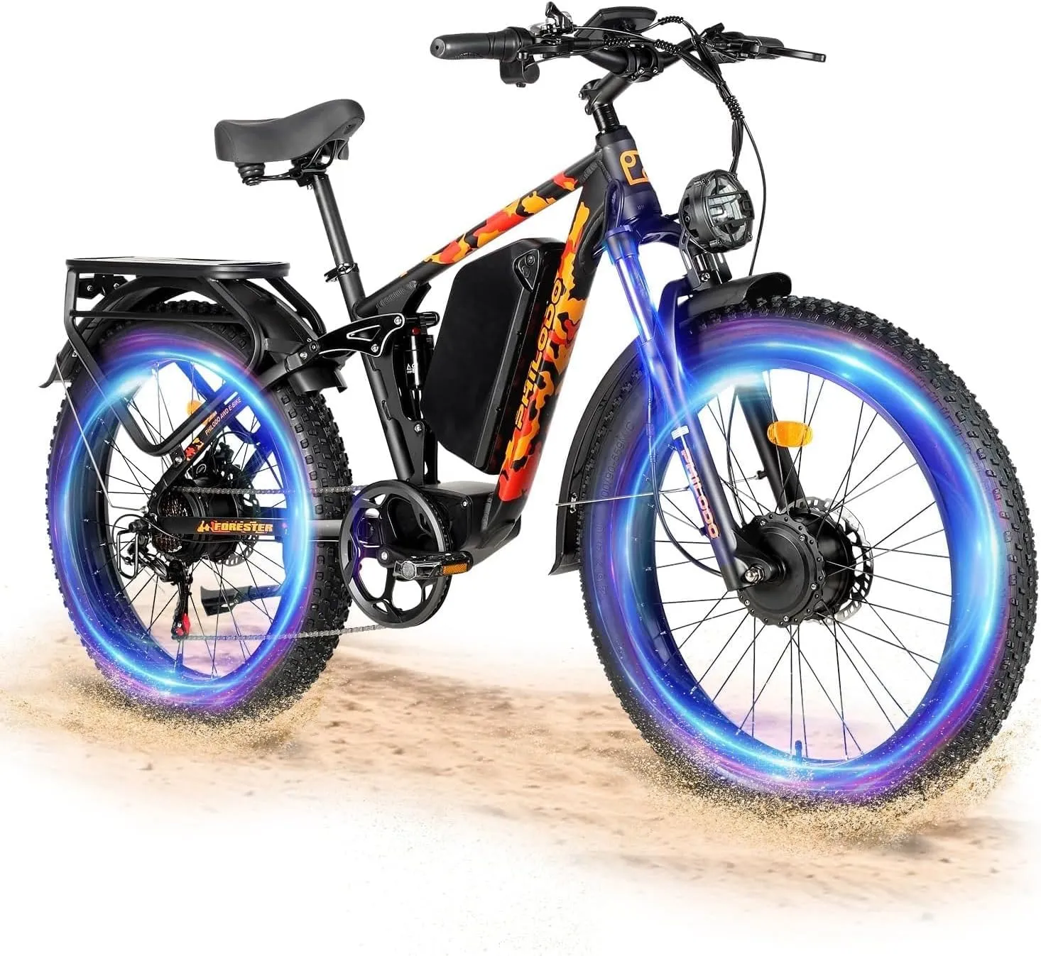 PHILODO Forester 5000W Peak Dual Motor Electric Bike - 45MPH High-Speed Fat Tire Ebike with 60V26Ah Battery, 80  Mile Range, Full Suspension & Hydraulic Brakes for Adult Off-Road Commuting