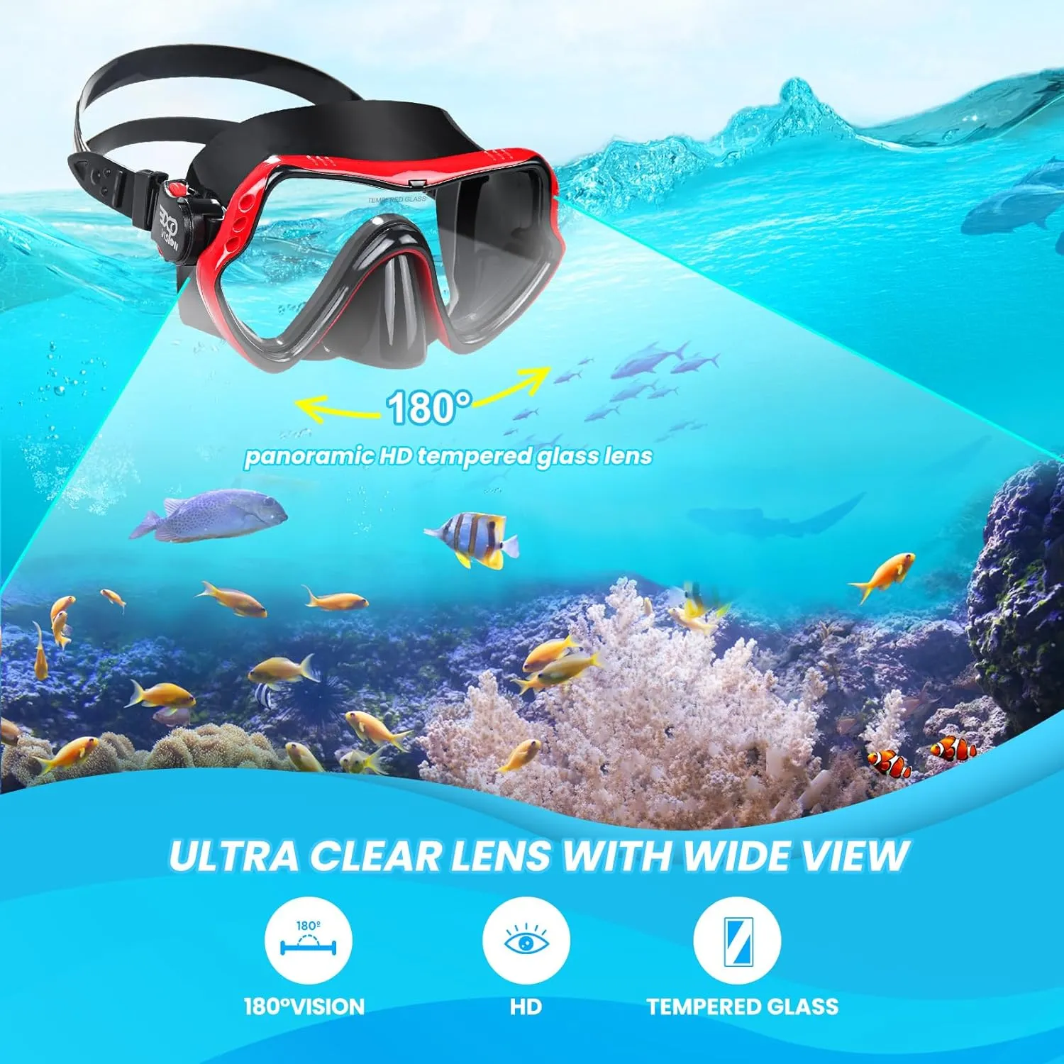 Snorkel Diving Mask, Professional Snorkeling Mask Gear, Ultra Clear Lens with Wide View Tempered Glass Goggles,Anti Leakage Scuba Mask, Silicone Swimming Goggles Mask for Adults, 3 Color