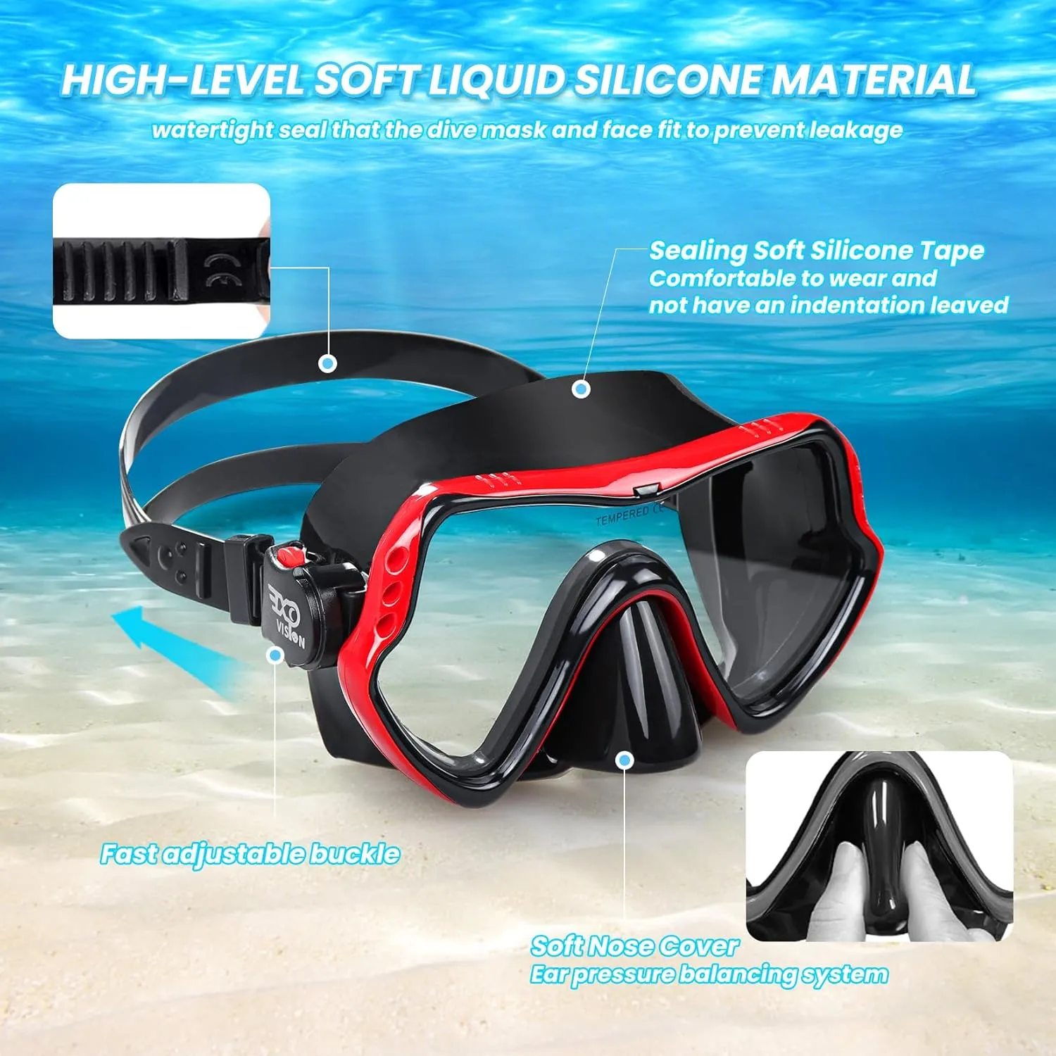 Snorkel Diving Mask, Professional Snorkeling Mask Gear, Ultra Clear Lens with Wide View Tempered Glass Goggles,Anti Leakage Scuba Mask, Silicone Swimming Goggles Mask for Adults, 3 Color