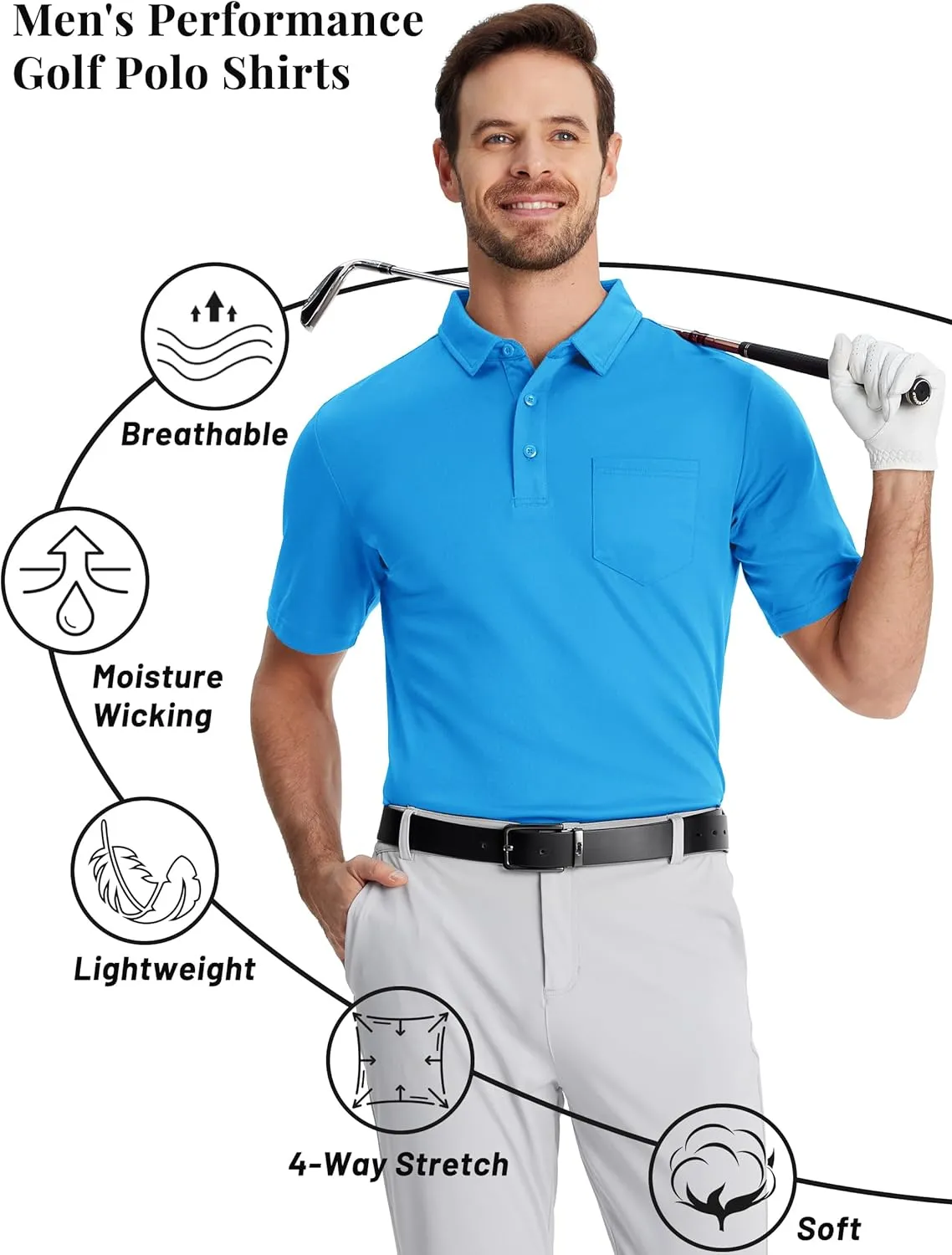 TACVASEN Mens Polo Shirts with Pocket Mens Golf Shirt Short Sleeve Performance Dry Fit Golf Work Athletic Polos