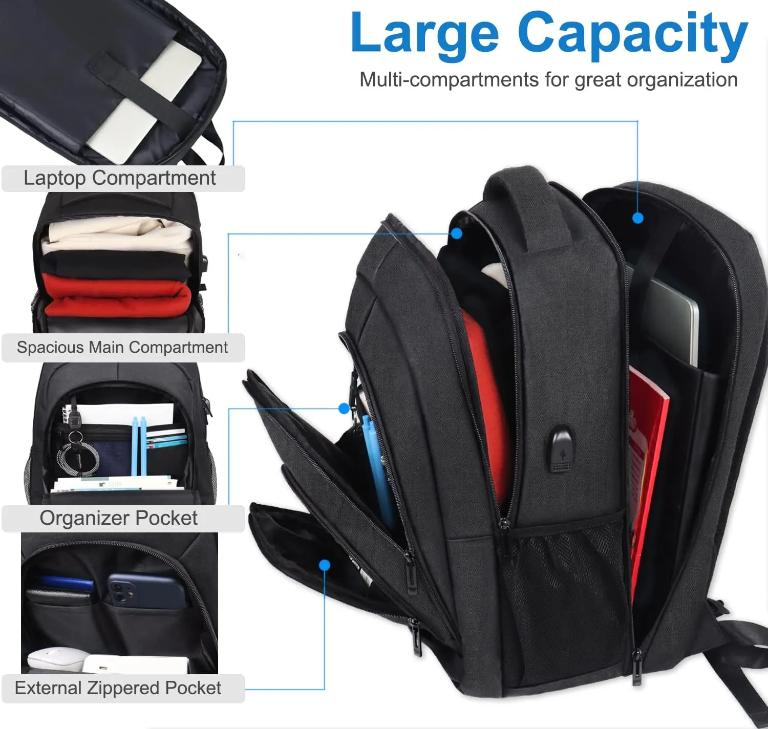 Travel Laptop Backpack 17 Inch TSA Friendly Large Backpack for Men Women Business Carry On Backpack with USB Charging Port Anti Theft Computer Bag, Work Anti Theft Black Rucksack, black