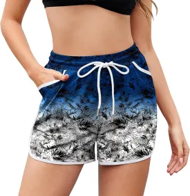 Women Drawstring Board Shorts Floral Beach Swim Shorts Summer Swim Trunks with Pockets