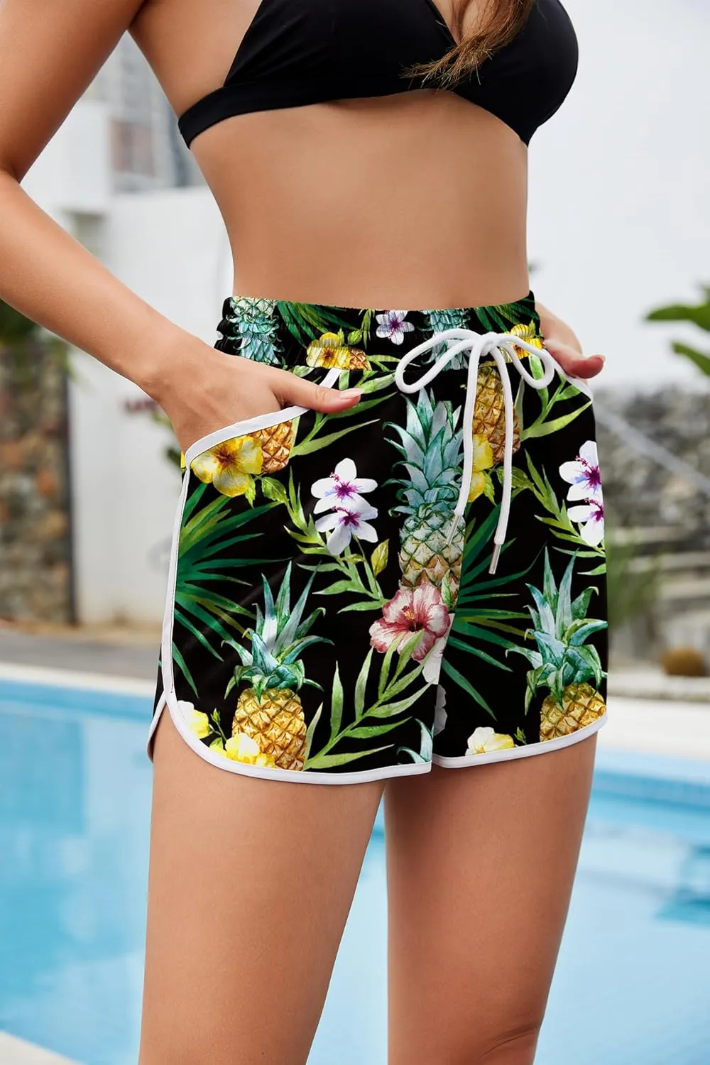Women Drawstring Board Shorts Floral Beach Swim Shorts Summer Swim Trunks with Pockets