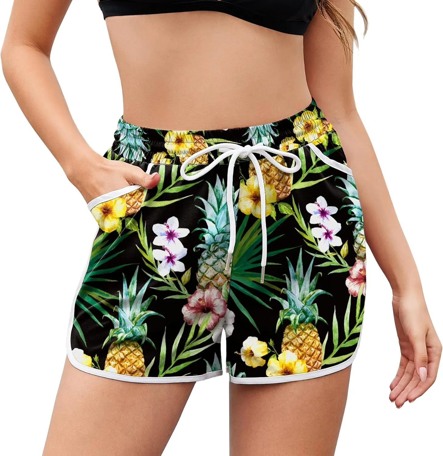 Women Drawstring Board Shorts Floral Beach Swim Shorts Summer Swim Trunks with Pockets