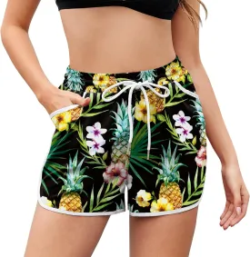 Women Drawstring Board Shorts Floral Beach Swim Shorts Summer Swim Trunks with Pockets