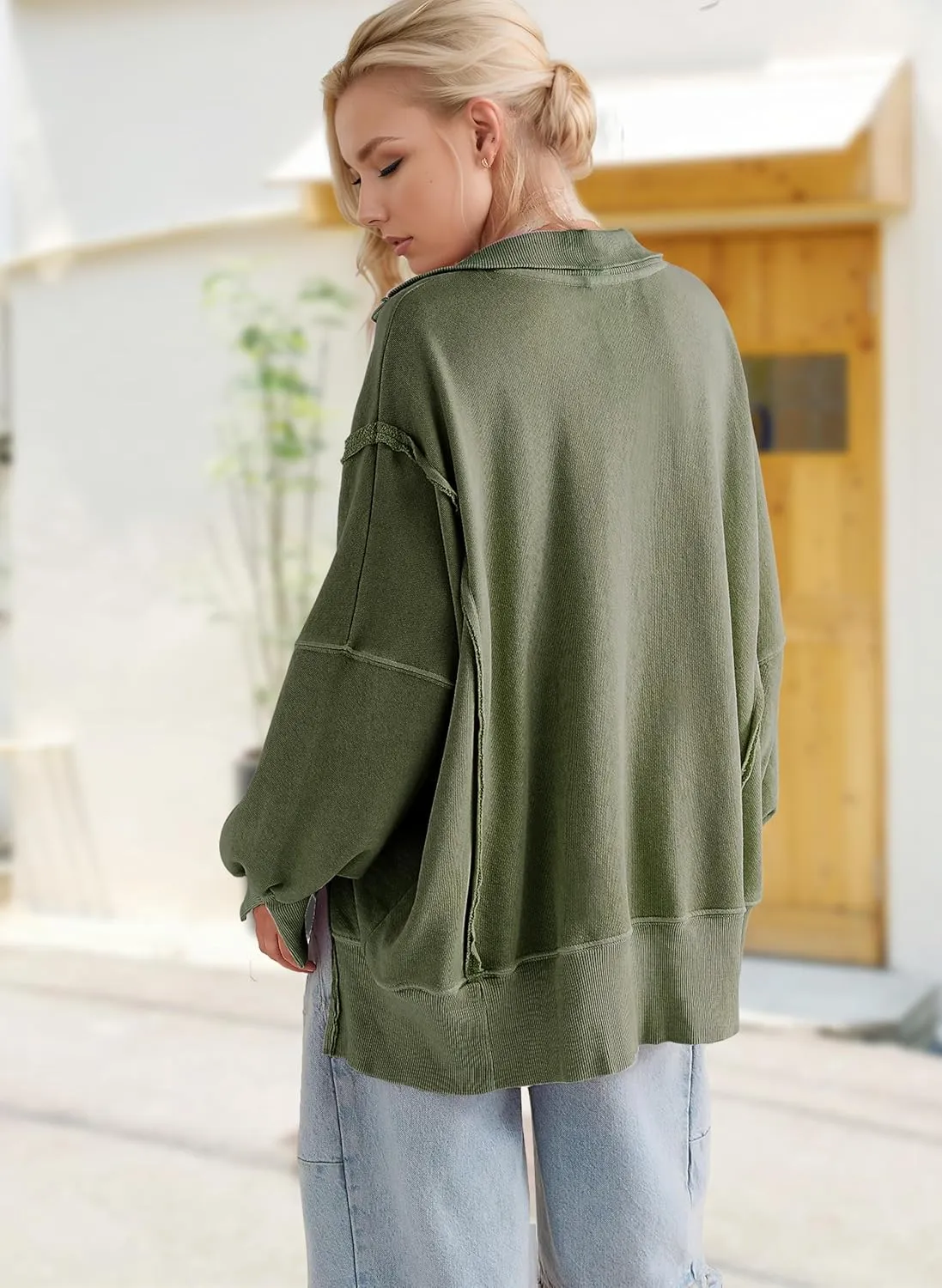 Women's Oversized V Neck Henley Pullover Sweatshirt Trendy Button Up High Low Split Casual Fall Top 2025