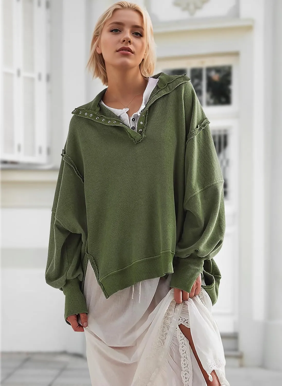 Women's Oversized V Neck Henley Pullover Sweatshirt Trendy Button Up High Low Split Casual Fall Top 2025