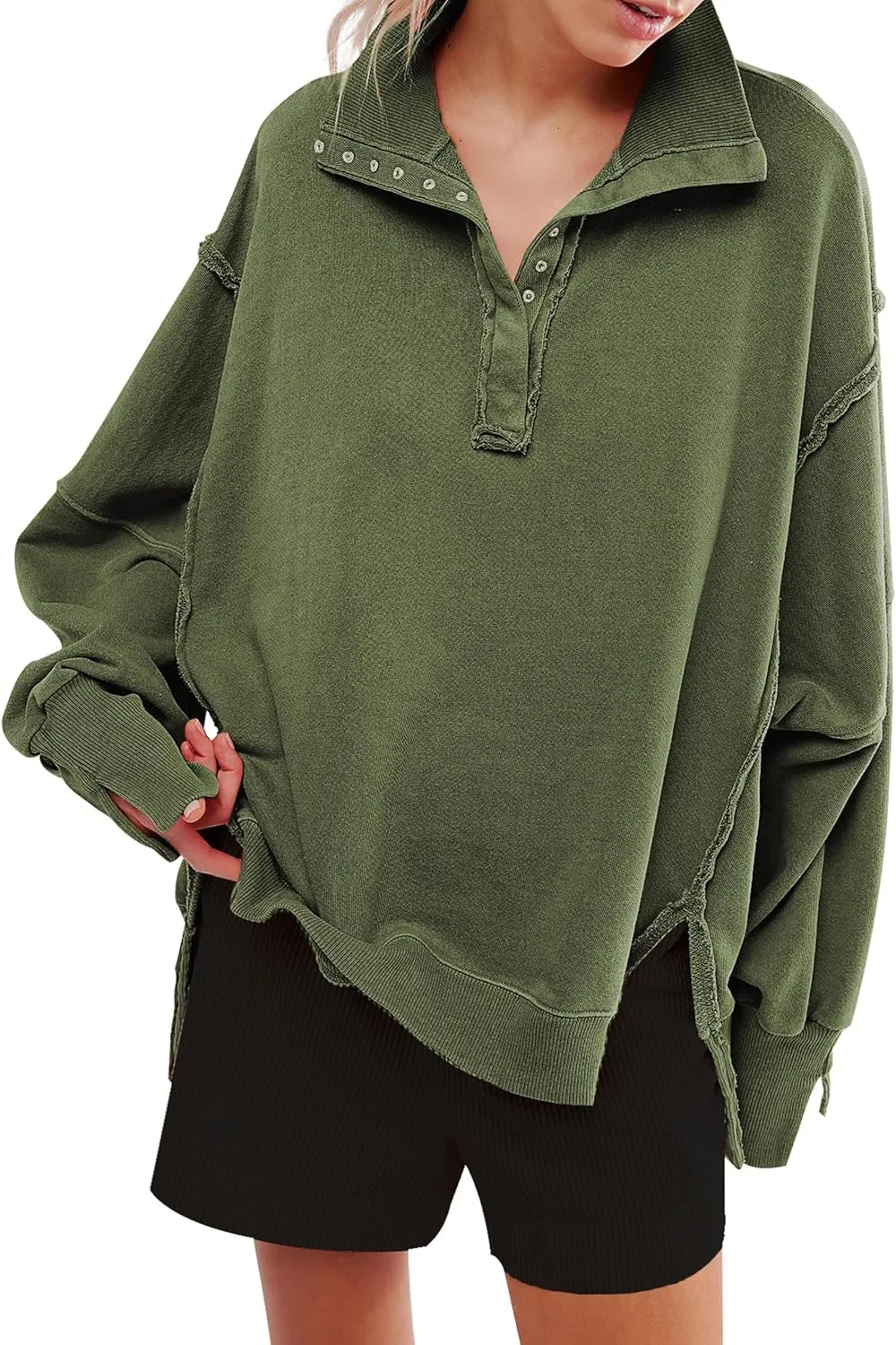 Women's Oversized V Neck Henley Pullover Sweatshirt Trendy Button Up High Low Split Casual Fall Top 2025