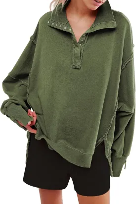 Women's Oversized V Neck Henley Pullover Sweatshirt Trendy Button Up High Low Split Casual Fall Top 2025