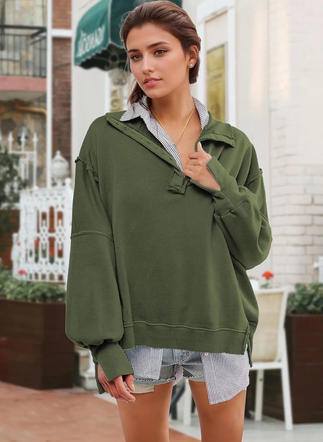 Women's Oversized V Neck Henley Pullover Sweatshirt Trendy Button Up High Low Split Casual Fall Top 2025