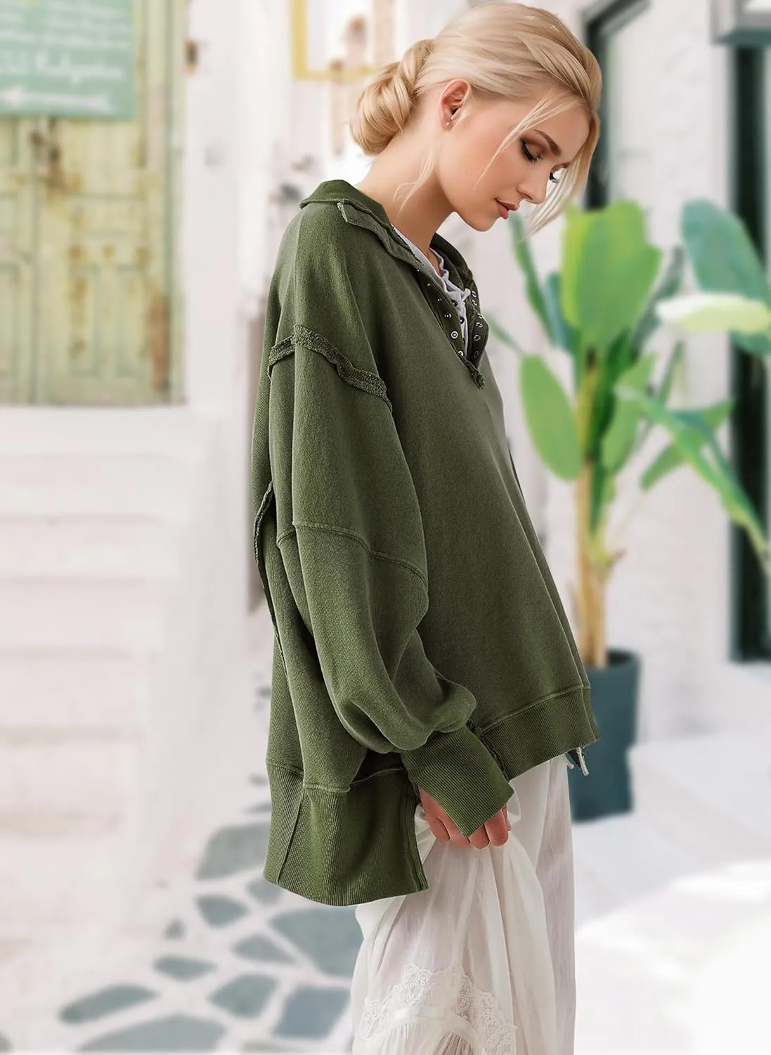Women's Oversized V Neck Henley Pullover Sweatshirt Trendy Button Up High Low Split Casual Fall Top 2025