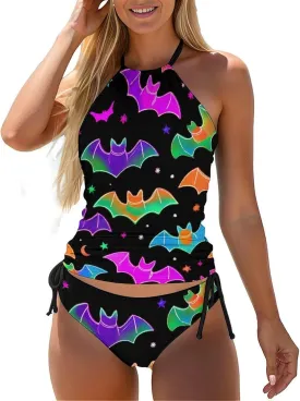 Womens Swimwear Tankini Set, Drawstring Side Halter Tops with Bikini Bottom Tummy Control Bathing Suit
