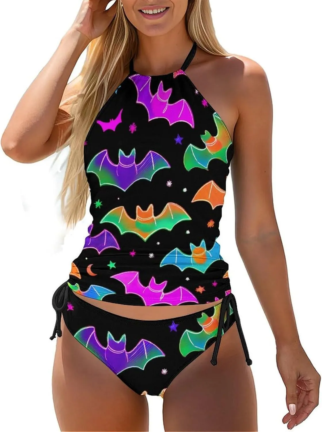 Womens Swimwear Tankini Set, Drawstring Side Halter Tops with Bikini Bottom Tummy Control Bathing Suit