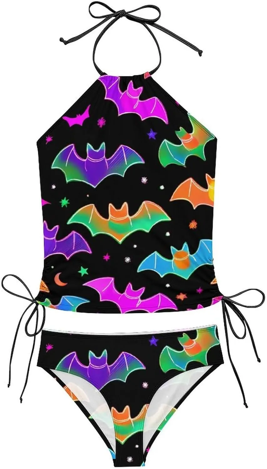 Womens Swimwear Tankini Set, Drawstring Side Halter Tops with Bikini Bottom Tummy Control Bathing Suit